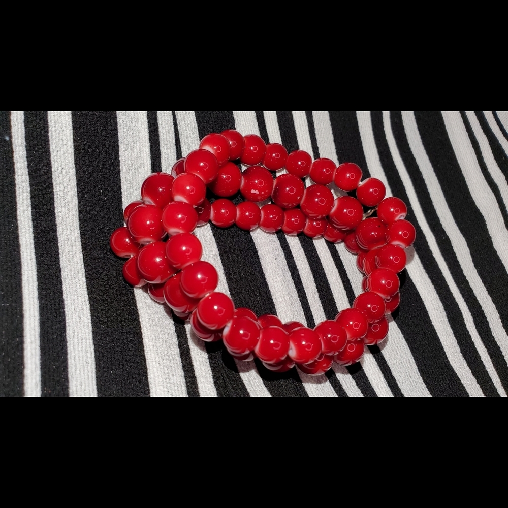 Red Vintage Glass Bead Triple Stretch Bracelet